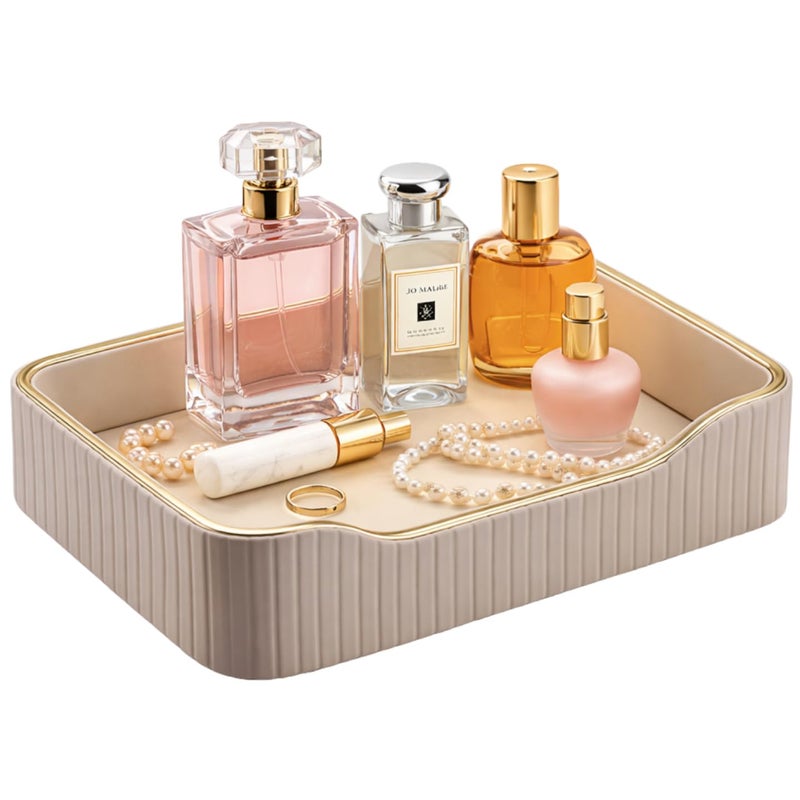KINGFOM Prefume Tray, PU Leather Valet Tray Nightstand Organizer Trays for Men Women, Table Centerpieces Decorative Vanity Trays, Desk Organizer Tray for Key Jewelry Cosmetics (Beige) - Image 1