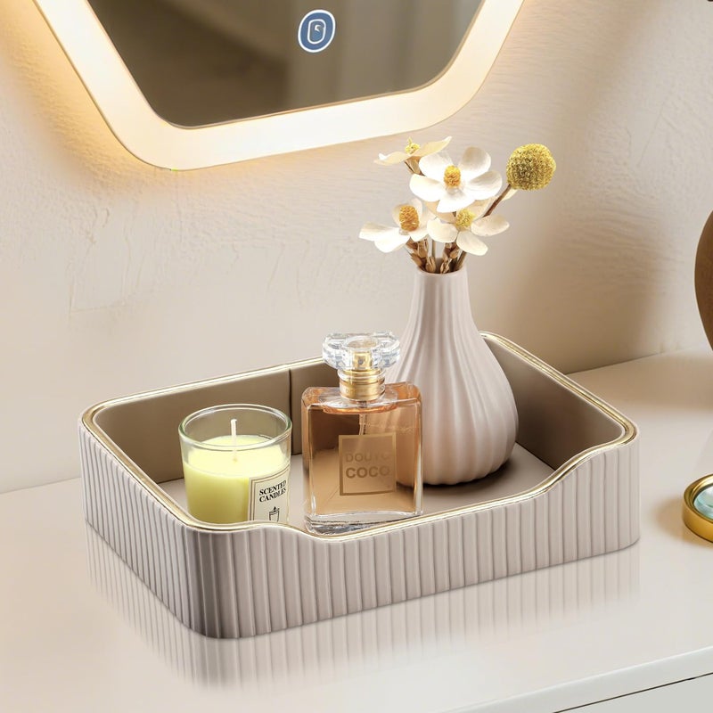 KINGFOM Prefume Tray, PU Leather Valet Tray Nightstand Organizer Trays for Men Women, Table Centerpieces Decorative Vanity Trays, Desk Organizer Tray for Key Jewelry Cosmetics (Beige) - Image 3