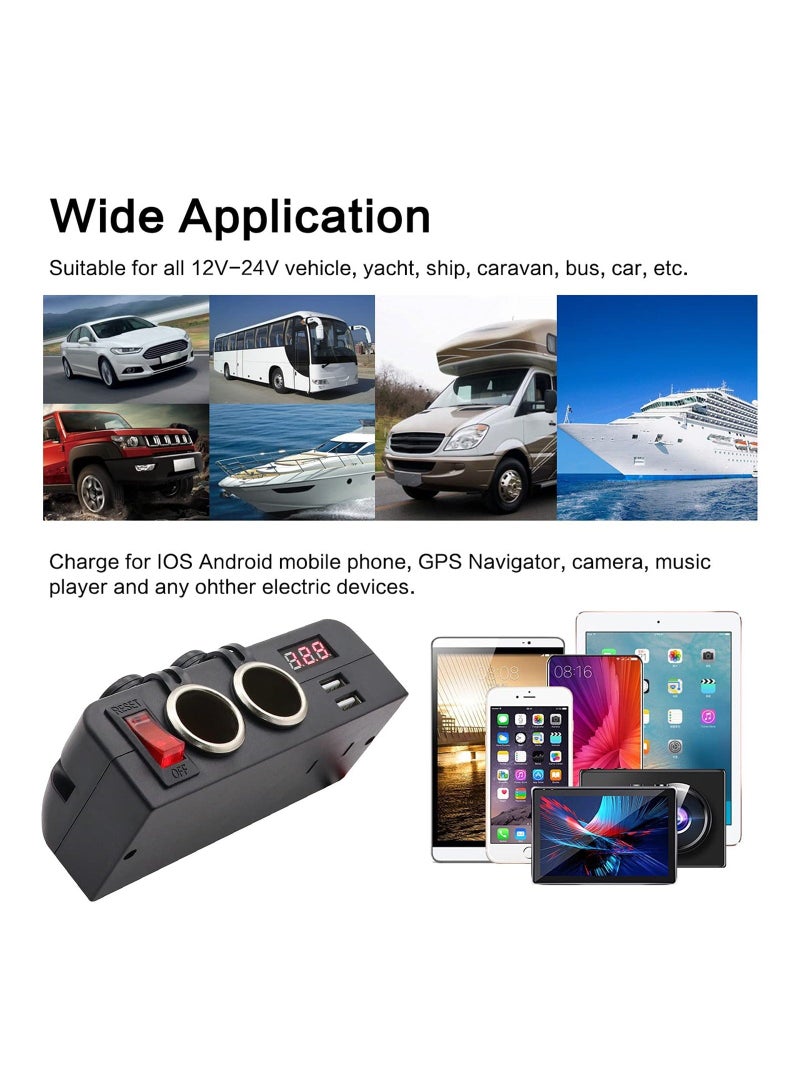 Dual USB Socket Charger and Dual 12V Power Outlet Cigarette Lighter Splitter Adapter with LED Voltmeter On/Off Switches for Car Rv Truck Marine Boat Camper Vehicles - Image 3