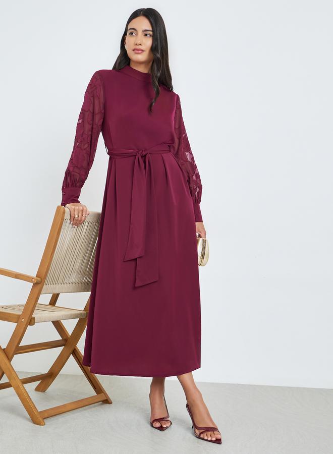 Styli Maroon Cuffed Sleeves A-Line Maxi Dress - Image 1