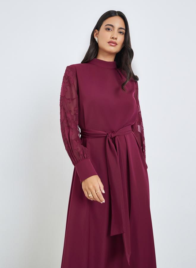 Styli Maroon Cuffed Sleeves A-Line Maxi Dress - Image 2