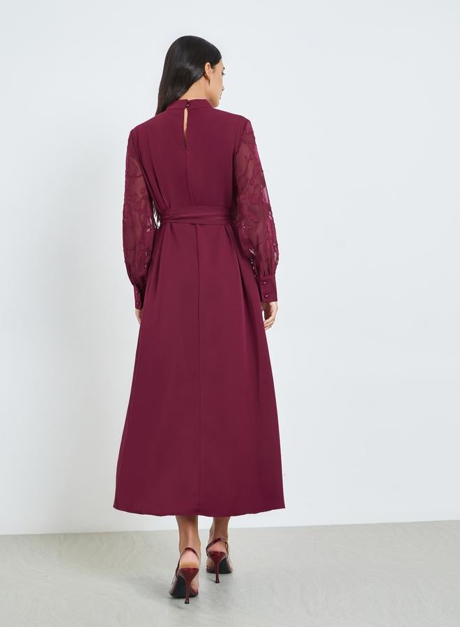 Styli Maroon Cuffed Sleeves A-Line Maxi Dress - Image 5