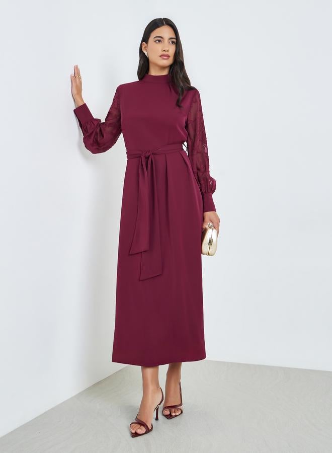 Styli Maroon Cuffed Sleeves A-Line Maxi Dress - Image 3