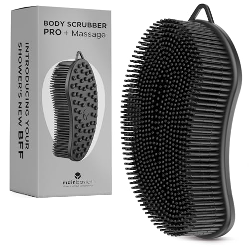 MainBasics Silicone Body Scrubber – Dual-Sided Shower Scrubber with Massage Nodes, Silicone Loofah Alternative for Deep Clean (Black, Massage) - Image 1