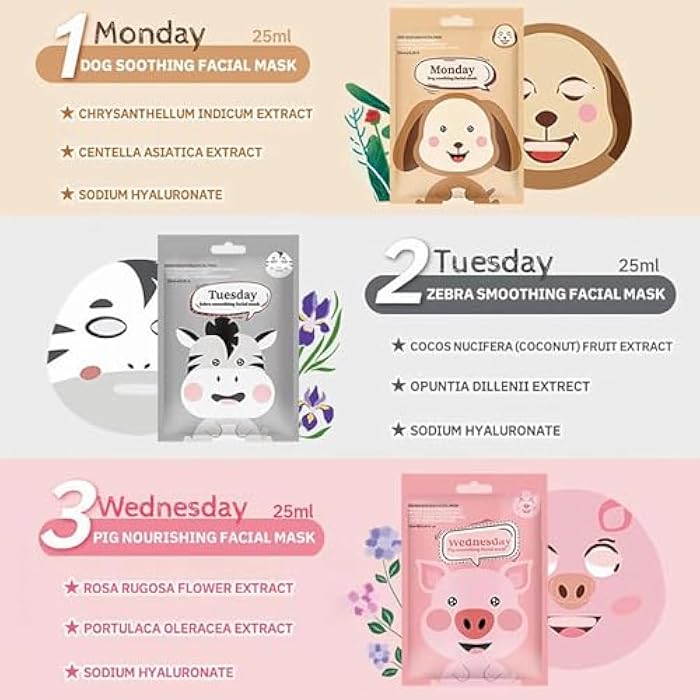 MinFei 7 Pack Face Mask Skin Care for Kids, Animal Character Kids Face Mask, Spa Party Supplies for Girls, Sleepover Party Supplies for Girls, Teen Girl Gifts, Stocking Stuffers for Women - Image 5