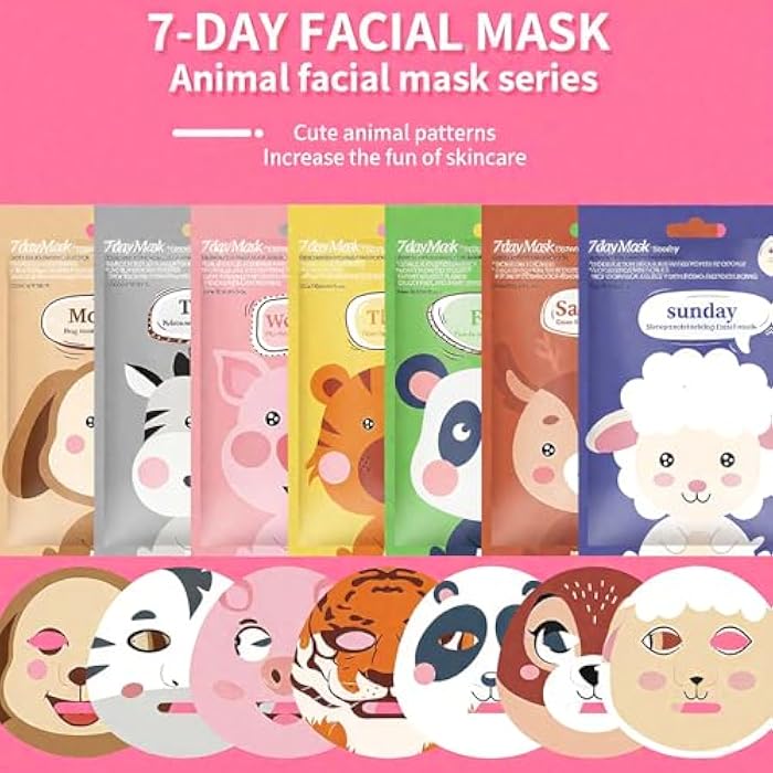 MinFei 7 Pack Face Mask Skin Care for Kids, Animal Character Kids Face Mask, Spa Party Supplies for Girls, Sleepover Party Supplies for Girls, Teen Girl Gifts, Stocking Stuffers for Women - Image 3