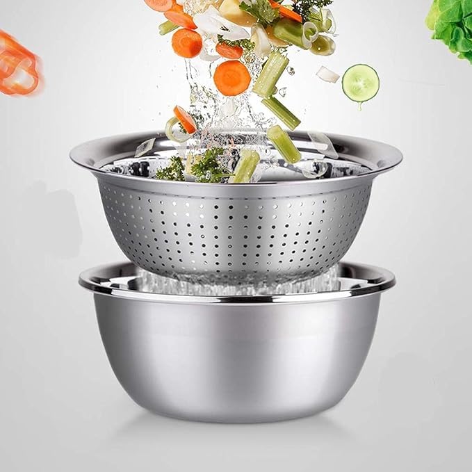 VALAJOGI 2 Pcs Stainless Steel Colander Bowl Set Drainer Basket Basin for Washing Vegetables Fruit Microporous Set Kitchen Strainer Vegetables Fruit SaladRice PastaMixing Bowls Heavy Duty - Image 3