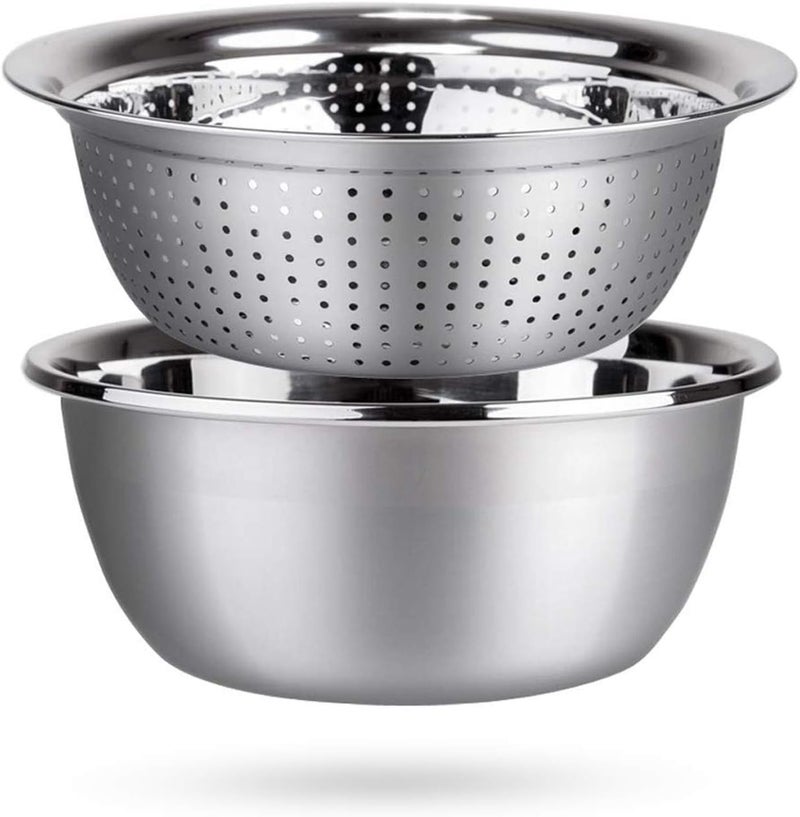 VALAJOGI 2 Pcs Stainless Steel Colander Bowl Set Drainer Basket Basin for Washing Vegetables Fruit Microporous Set Kitchen Strainer Vegetables Fruit SaladRice PastaMixing Bowls Heavy Duty - Image 1