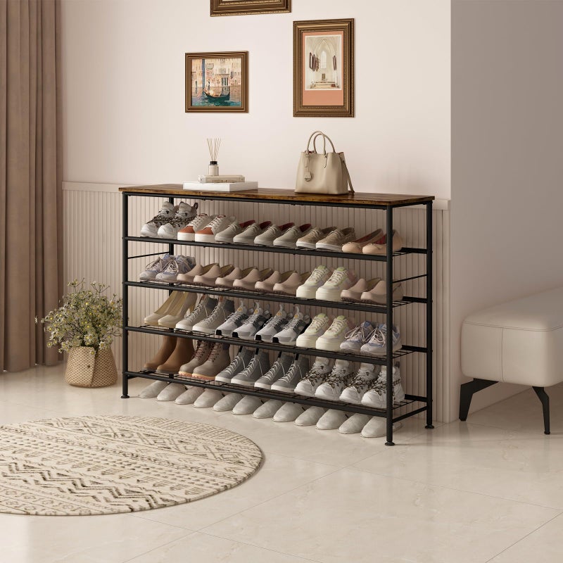 SUOERNUO Shoe Rack 5 Tier Shoe Storage Organizer Metal Mesh Shelves with MDF Top Board for Entryway, Hallway, Closet,Bedroomï¼ŒLiving Room (Black+Rustic Brown, Large 5 Tier) - Image 2