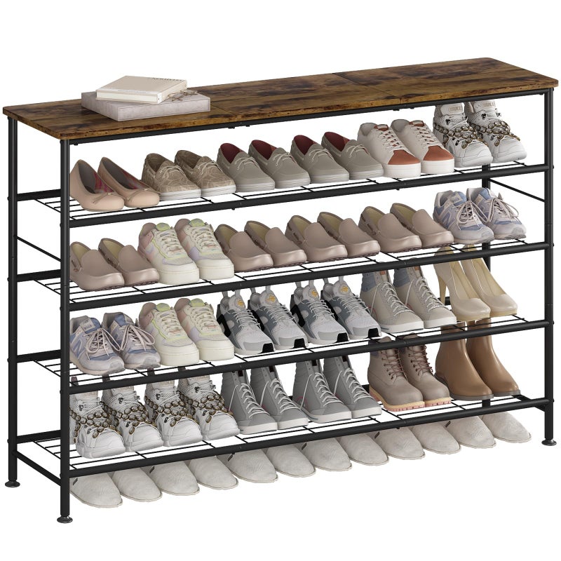 SUOERNUO Shoe Rack 5 Tier Shoe Storage Organizer Metal Mesh Shelves with MDF Top Board for Entryway, Hallway, Closet,Bedroomï¼ŒLiving Room (Black+Rustic Brown, Large 5 Tier) - Image 1