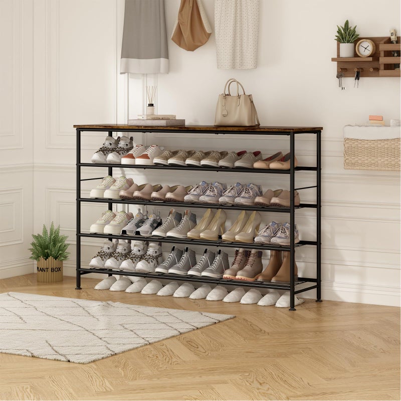 SUOERNUO Shoe Rack 5 Tier Shoe Storage Organizer Metal Mesh Shelves with MDF Top Board for Entryway, Hallway, Closet,Bedroomï¼ŒLiving Room (Black+Rustic Brown, Large 5 Tier) - Image 5