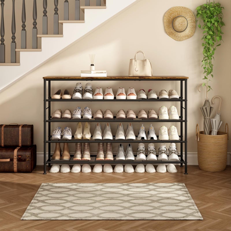 SUOERNUO Shoe Rack 5 Tier Shoe Storage Organizer Metal Mesh Shelves with MDF Top Board for Entryway, Hallway, Closet,Bedroomï¼ŒLiving Room (Black+Rustic Brown, Large 5 Tier) - Image 4