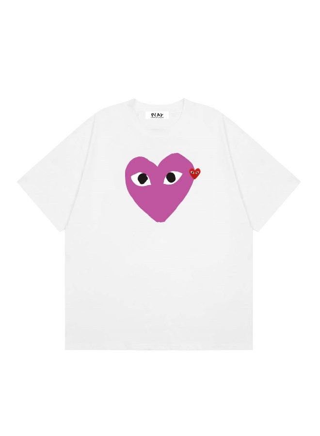PLAY Oversized White T-Shirt Purple Two-Eyed Heart Print With Mini Red Heart Accent Size L - Image 1