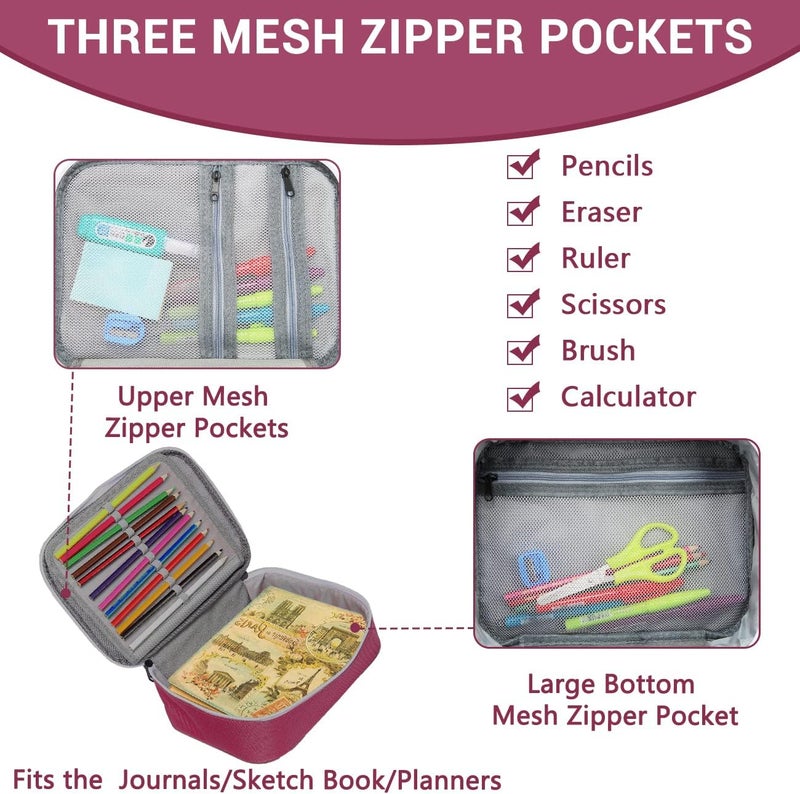 VASCHY Large School Pencil Case 3 Compartments, Capacity 72+, Removable Panels and Mesh Pockets, Pencil Case for Girls, Boys, Teens and Adults, 25 x 19.5 x 7.5 cm, Burgundy, Grande, School Bags - Image 4