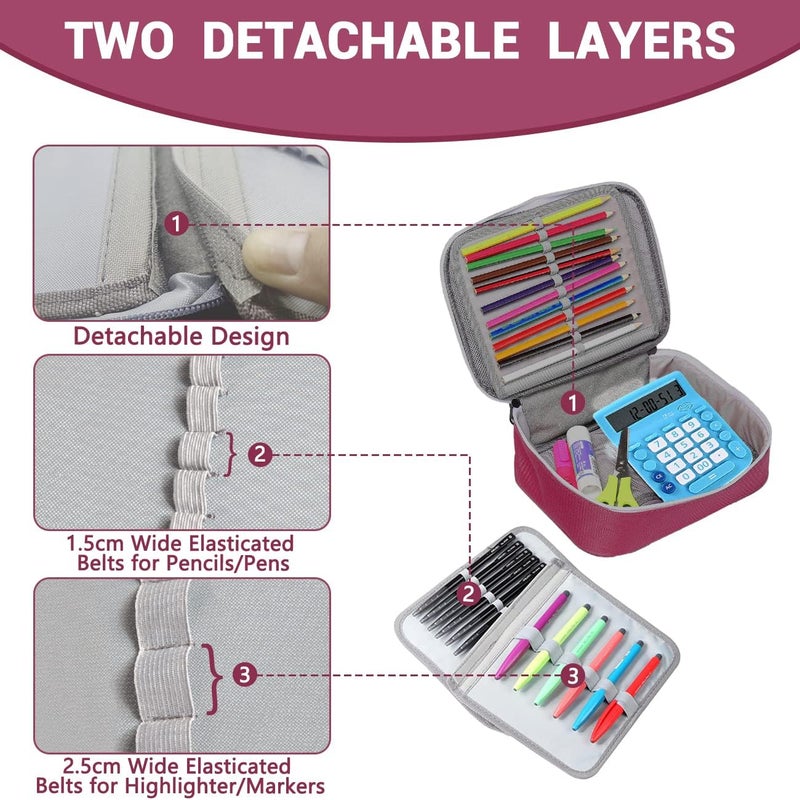 VASCHY Large School Pencil Case 3 Compartments, Capacity 72+, Removable Panels and Mesh Pockets, Pencil Case for Girls, Boys, Teens and Adults, 25 x 19.5 x 7.5 cm, Burgundy, Grande, School Bags - Image 5