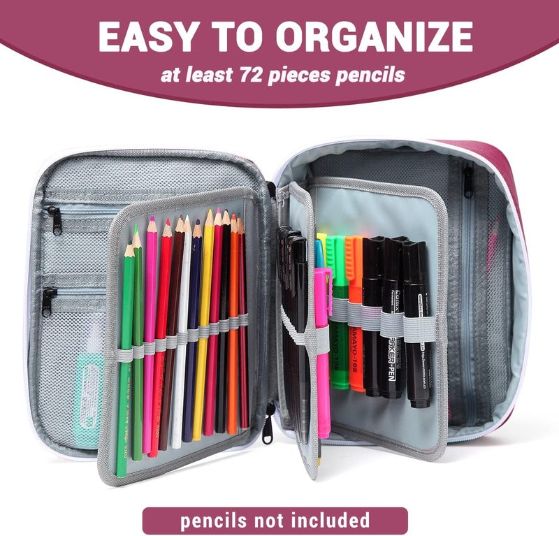 VASCHY Large School Pencil Case 3 Compartments, Capacity 72+, Removable Panels and Mesh Pockets, Pencil Case for Girls, Boys, Teens and Adults, 25 x 19.5 x 7.5 cm, Burgundy, Grande, School Bags - Image 3