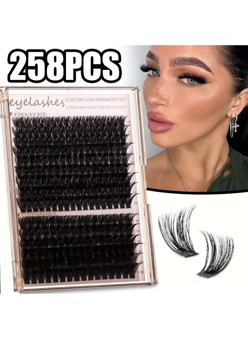 CMAYOME 258-Cluster DIY Lash Extensions, 10-18mm Mixed Length D Curl Lash Clusters, 80D+100D Wispy Individual False Eyelashes for Beginners & Home Use - Image 1
