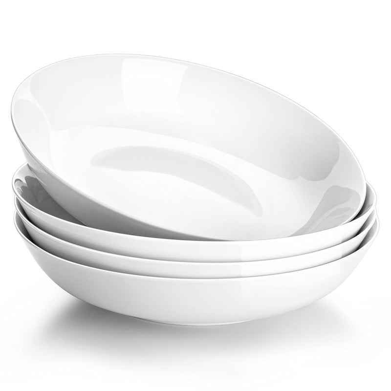 MALACASA Series Regular 9 Pasta Bowl Porcelain Salad Pasta Bowl Large Ceramic White Soup Bowl Set Serving Plates for Salad Pasta Soup Fruit Microwave Dishwasher Safe Set of 4
