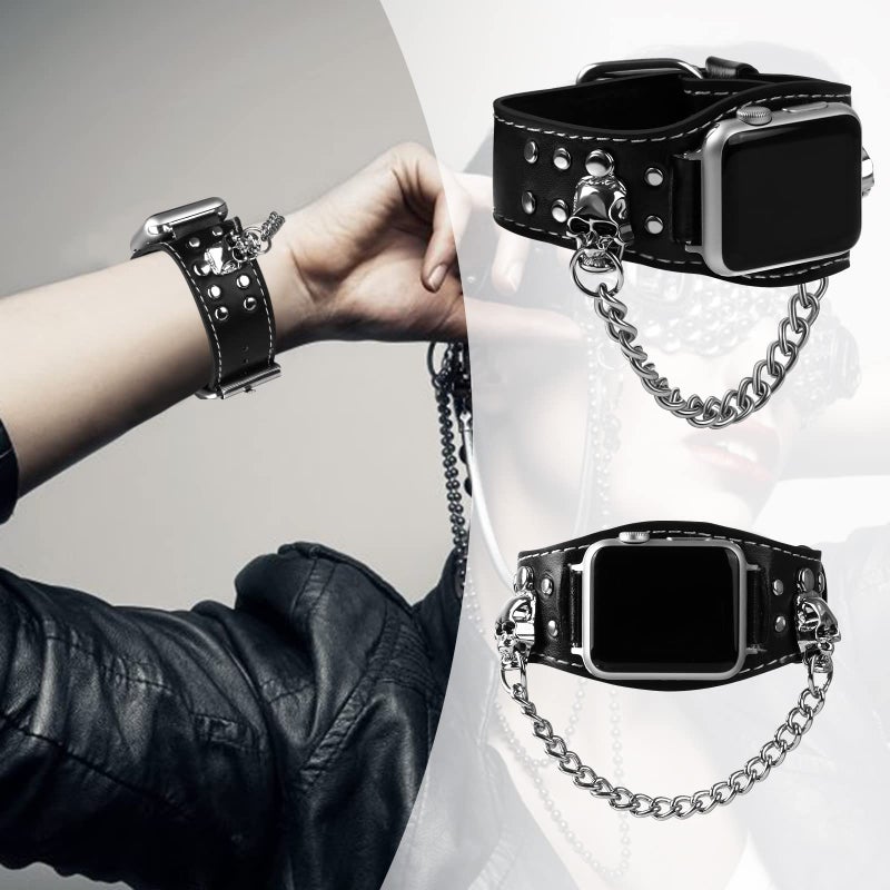 VIQIV Leather Skull Cuff Bracelet Compatible with Apple Watch Band Ultra 49mm 44mm 45mm 42mm 41mm 40mm 38mm Series 9 8 7 6 5 4 3 2 SE for Men Women, Punk Steampunk Wrist Watch Strap for iwatch Band - Image 2