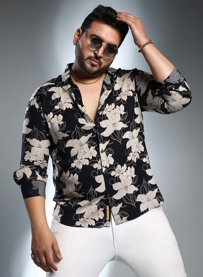 انستافاب بلس Instafab Plus Men's Obsidian Black Botanical Imprint Shirt For Casual Wear | Spread Collar | Long Cuffed Sleeves | Button Closure | Plus Size Shirt Crafted With Comfort Fit For Everyday Wear