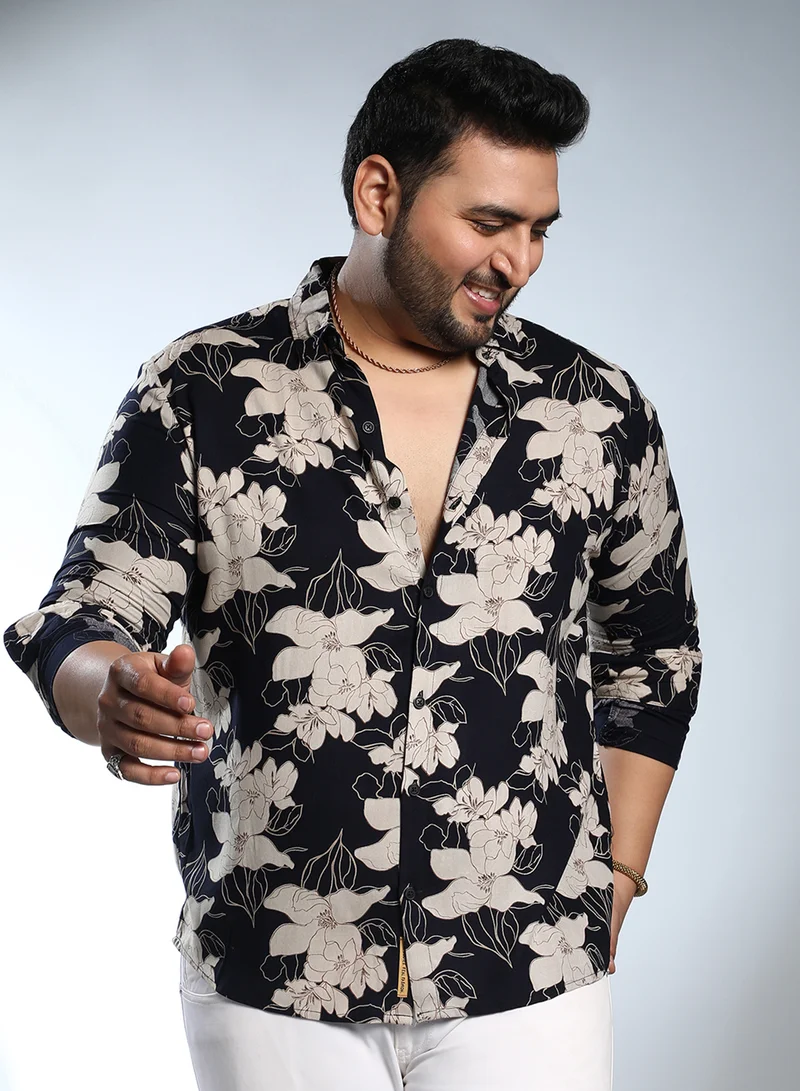 انستافاب بلس Instafab Plus Men's Obsidian Black Botanical Imprint Shirt For Casual Wear | Spread Collar | Long Cuffed Sleeves | Button Closure | Plus Size Shirt Crafted With Comfort Fit For Everyday Wear