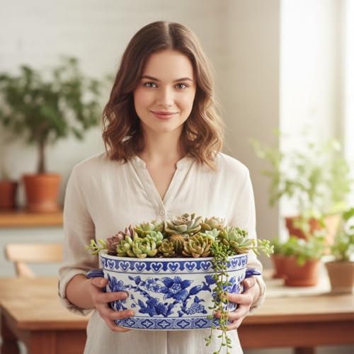 Arborus Blue and White Ceramic Planter Pot – Vintage Floral Oval Cachepot Vase for Indoor Plants, Flowers & Succulents – Glazed Chinese Porcelain Style Decorative Bowl – 7.4" Size – No Drainage - Image 4