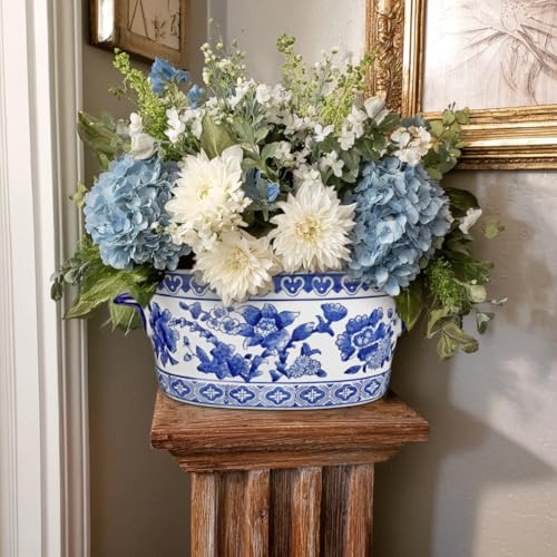 Arborus Blue and White Ceramic Planter Pot – Vintage Floral Oval Cachepot Vase for Indoor Plants, Flowers & Succulents – Glazed Chinese Porcelain Style Decorative Bowl – 7.4" Size – No Drainage - Image 3