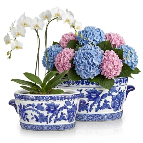 Arborus Blue and White Ceramic Planter Pot – Vintage Floral Oval Cachepot Vase for Indoor Plants, Flowers & Succulents – Glazed Chinese Porcelain Style Decorative Bowl – 7.4" Size – No Drainage - Image 1