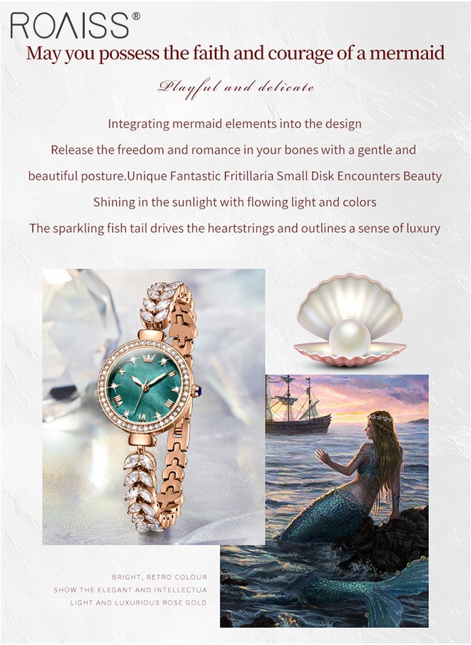 roaiss - Women's Mermaid Strap Quartz Watch Analog Display Round Fritillaria Dial and Zirconia Diamonds Decoration Waterproof Luxurious Wristwatch as Gift for Ladies - Image 1