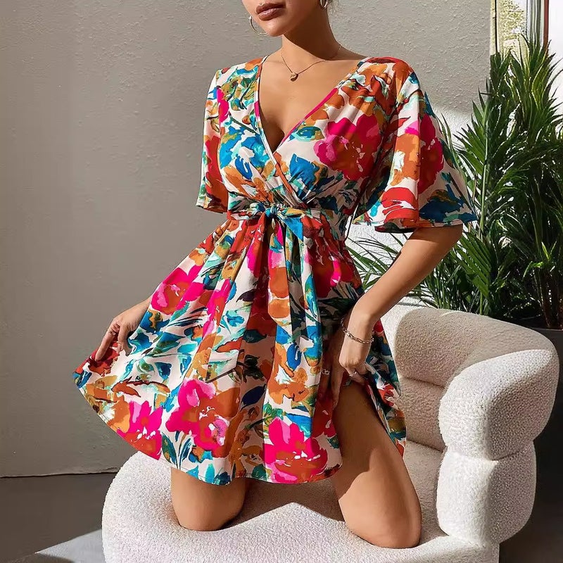 Women's Floral Print Cross Neck Belted Dress - Image 1