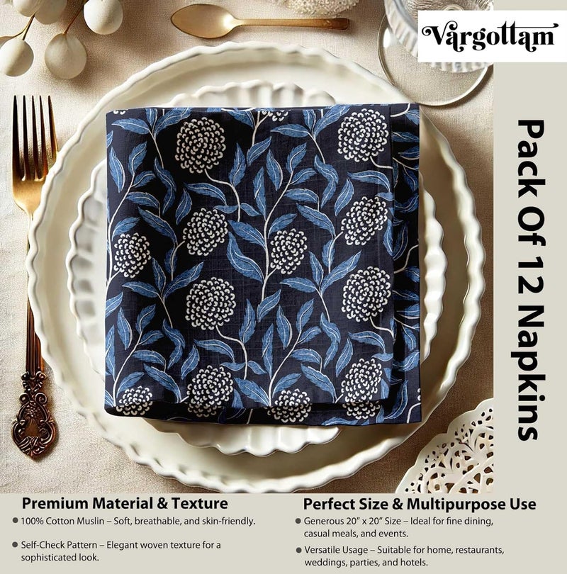 Vargottam Elegant Floral Print on Blue Cotton Muslin Napkins - Set of 12, 20x20 Inches, Luxurious Self-Check Texture, Perfect for Upscale Dining, Weddings, and Events - Machine Washable - Image 4