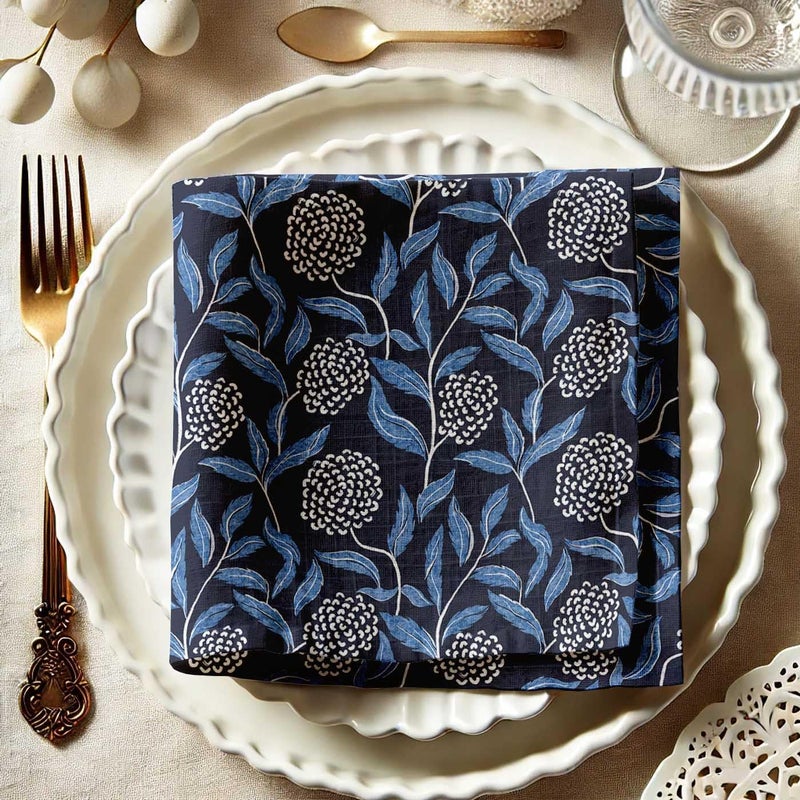Vargottam Elegant Floral Print on Blue Cotton Muslin Napkins - Set of 12, 20x20 Inches, Luxurious Self-Check Texture, Perfect for Upscale Dining, Weddings, and Events - Machine Washable - Image 1