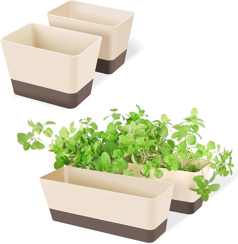 Suream Indoor Herb Planter Boxes, 4 Pack Window Box with Tray, Modern Plastic Plant Flower Succulent Cactus Pots for Windowsill, Garden Balcony, Home Office Outdoor Decor(6x3.8, 12x3.8, 16x3.8Inch) - Image 1