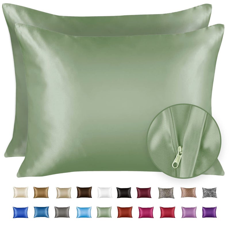 ShopBedding Satin Pillowcase with Zipper for Hair and Skin Care Feels Soft and Cool Like a Silk Pillowcase Satin Pillow Cases 2 Pack Slik Pillow Cover Sage Green  Queen Size  Set of 2 - Image 1