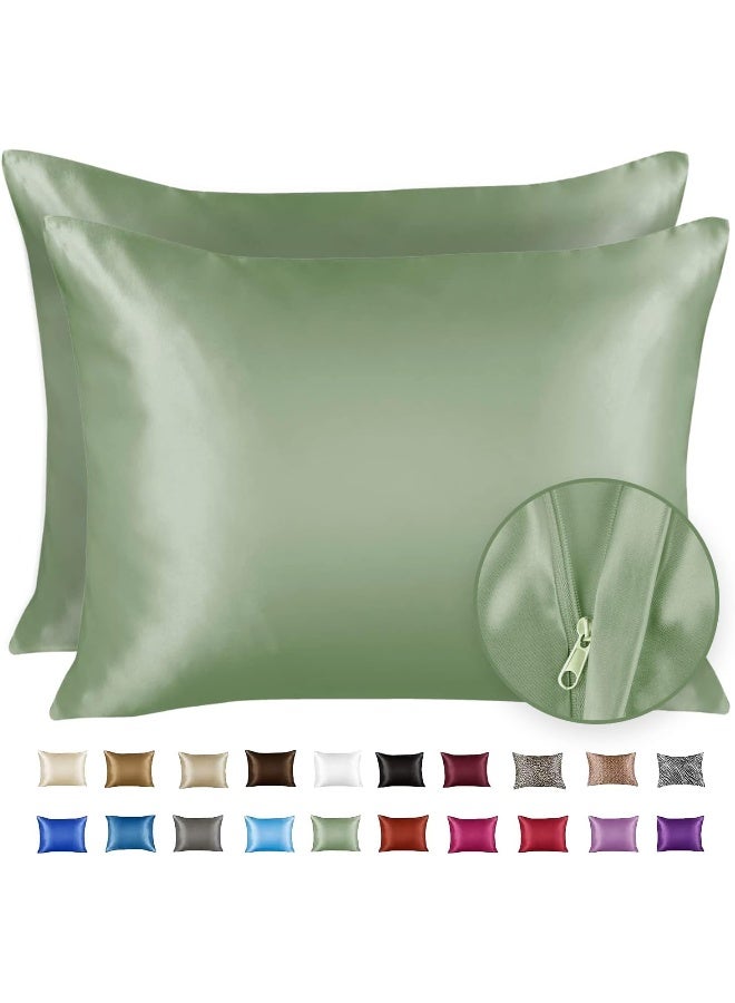ShopBedding Satin Pillowcase with Zipper for Hair and Skin Care Feels Soft and Cool Like a Silk Pillowcase Satin Pillow Cases 2 Pack Slik Pillow Cover Sage Green  Queen Size  Set of 2 - Image 4