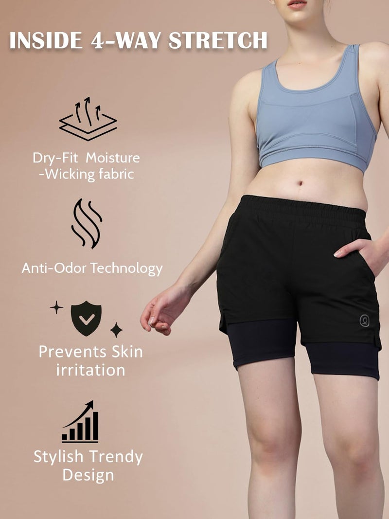 CHKOKKO Gym Shorts for Women Workout Sports Running Quick Dry Fit Double Layer Inner Compression with Pockets Breathable Lightweight Wear BlackNavy S - Image 2