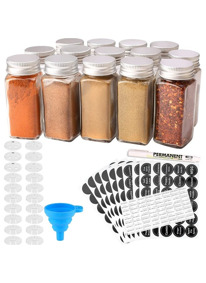 sulfar 14 Glass Spice Jars with w/2 Types of Spice Labels.4oz Empty Square Spice Bottles,Three kinds of Shaker Lids and Airtight Metal Caps-White Paint Pen and Silicone Collapsible Funnel Included (Transparent)  - Image 1