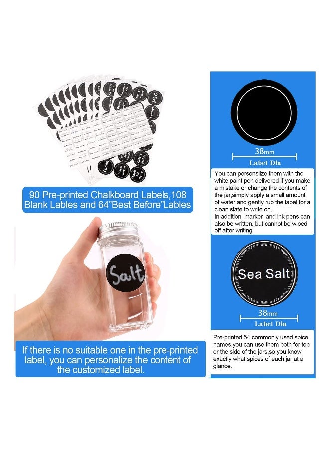 sulfar 14 Glass Spice Jars with w/2 Types of Spice Labels.4oz Empty Square Spice Bottles,Three kinds of Shaker Lids and Airtight Metal Caps-White Paint Pen and Silicone Collapsible Funnel Included (Transparent)  - Image 2