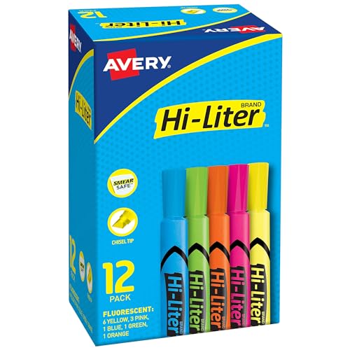 Avery Hi-Liter Desk-Style Highlighters, Smear Safe Ink, Chisel Tip is great for sketch book art, 12 Assorted Colors (98034) - Image 1