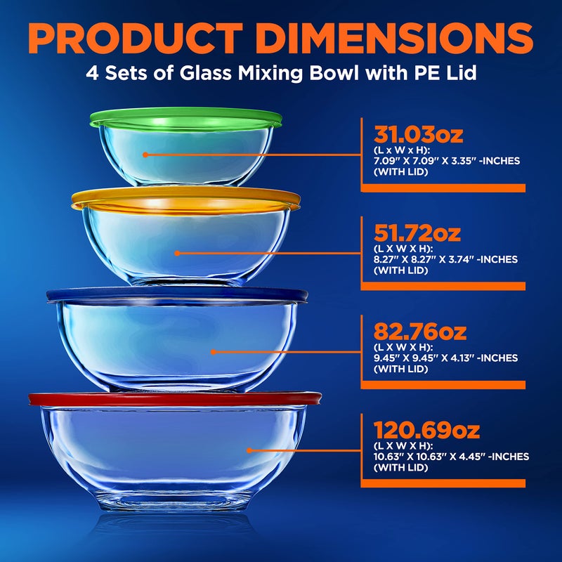 NutriChef NutriChef 4-Piece Glass Mixing Bowls with Lids Set - Premium Large Nesting Salad Bowls, Space Saving Stackable Design - Dishwasher, Freezer, & Microwave Safe, (1-Qt, 1.6-Qt, 2.5-Qt, & 3.7-Qt)  - Image 2