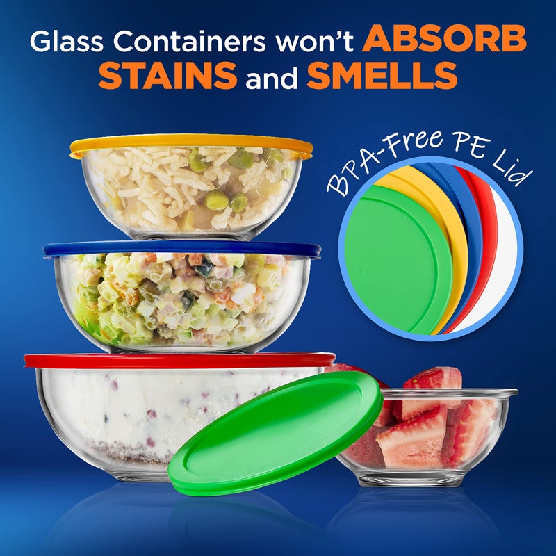NutriChef NutriChef 4-Piece Glass Mixing Bowls with Lids Set - Premium Large Nesting Salad Bowls, Space Saving Stackable Design - Dishwasher, Freezer, & Microwave Safe, (1-Qt, 1.6-Qt, 2.5-Qt, & 3.7-Qt)  - Image 3