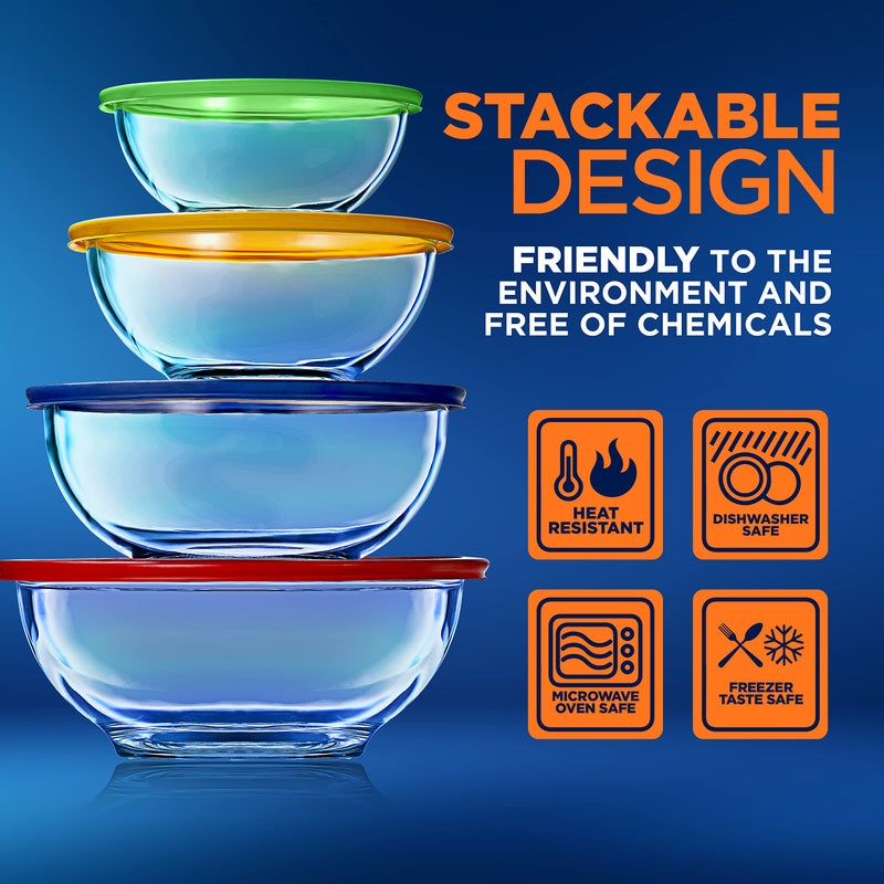 NutriChef NutriChef 4-Piece Glass Mixing Bowls with Lids Set - Premium Large Nesting Salad Bowls, Space Saving Stackable Design - Dishwasher, Freezer, & Microwave Safe, (1-Qt, 1.6-Qt, 2.5-Qt, & 3.7-Qt)  - Image 5