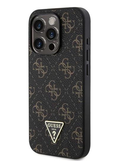 GUESS New 4G PU Leather Case with Triangle Logo for iPhone 16 Pro / Drop protection / Slim Profile / Lightweight / Comfortable Grip-Black