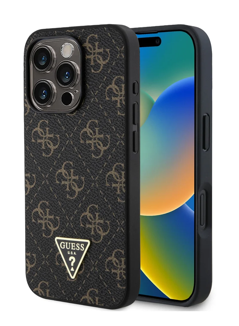 GUESS New 4G PU Leather Case with Triangle Logo for iPhone 16 Pro / Drop protection / Slim Profile / Lightweight / Comfortable Grip-Black