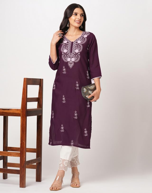 SIRIL Women Cotton Blend Regular Fit Chikankari Straight Kurta | Lucknowi Kurta | Embroidery Kurti (476K10046-L_Wine) - Image 5