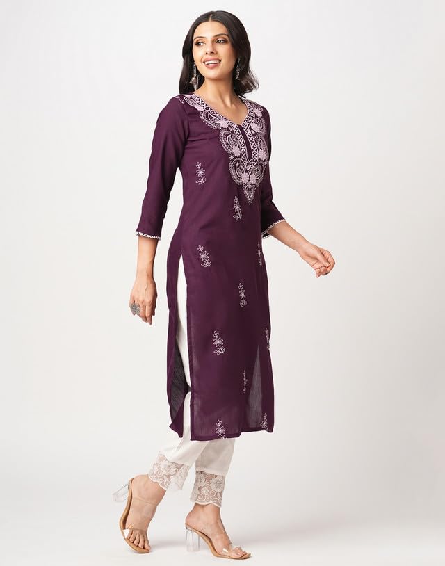 SIRIL Women Cotton Blend Regular Fit Chikankari Straight Kurta | Lucknowi Kurta | Embroidery Kurti (476K10046-L_Wine) - Image 4