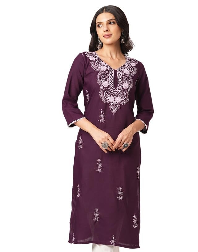 SIRIL Women Cotton Blend Regular Fit Chikankari Straight Kurta | Lucknowi Kurta | Embroidery Kurti (476K10046-L_Wine) - Image 1