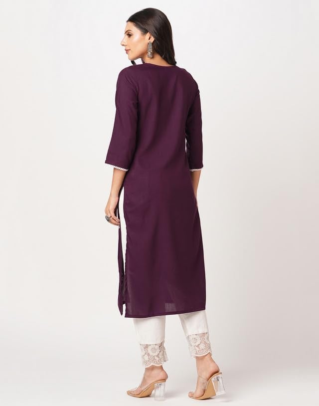 SIRIL Women Cotton Blend Regular Fit Chikankari Straight Kurta | Lucknowi Kurta | Embroidery Kurti (476K10046-L_Wine) - Image 2