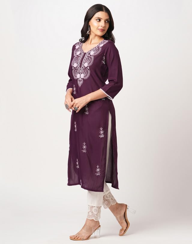SIRIL Women Cotton Blend Regular Fit Chikankari Straight Kurta | Lucknowi Kurta | Embroidery Kurti (476K10046-L_Wine) - Image 3