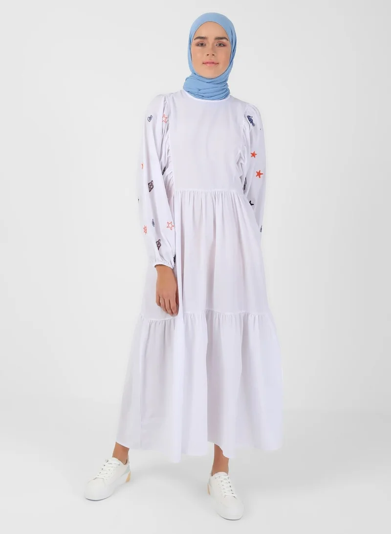 Benin by modanisa Embroidered Balloon Sleeve Dress